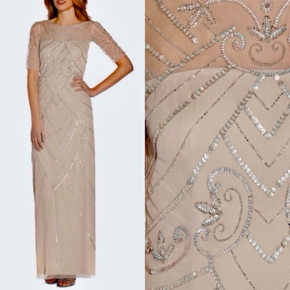 Elegant Champagne Sequined Evening Gown
